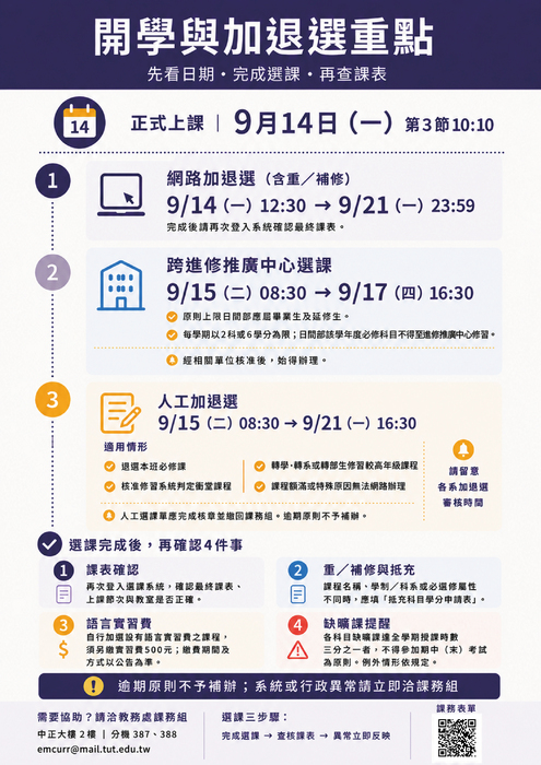 【公告】台南應用科技大學｜日間部｜115學年度第一學期｜開學與加退選時間注意事項圖片